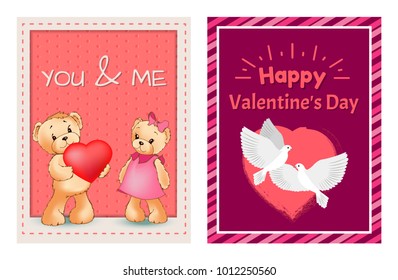 I love you and me teddy bears with heart sign vector illustration of stuffed toy animals, presents for Happy Valentines Day, cartoon posters