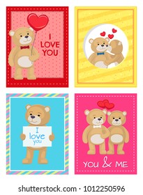 I love you and me teddy bears with heart sign vector illustration of stuffed toy animals, presents for Happy Valentines Day, cartoon posters