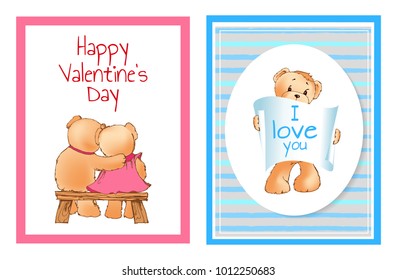 I love you and me teddy bears with heart sign vector illustration of stuffed toy animals, presents for Happy Valentines Day, cartoon posters