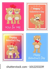 I love you and me teddy bears with heart sign vector illustration of stuffed toy animals, presents for Happy Valentines Day, cartoon posters