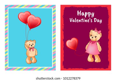 I love you and me teddy bears with heart sign vector illustration of stuffed toy animals, presents for Happy Valentines Day, cartoon posters