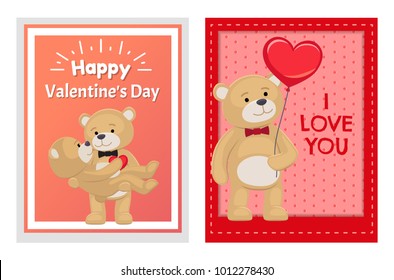 I love you and me teddy bears with heart sign vector illustration of stuffed toy animals, presents for Happy Valentines Day, cartoon posters