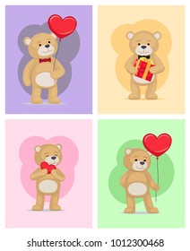 I love you and me teddy bears with heart sign vector illustration of stuffed toy animals, presents for Happy Valentines Day, cartoon posters