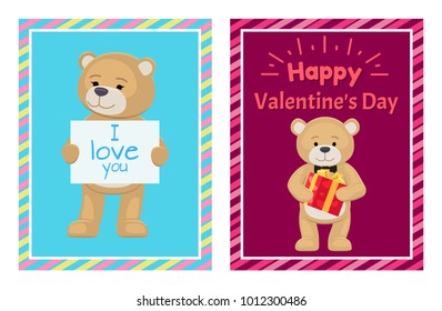 I love you and me teddy bears with heart sign vector illustration of stuffed toy animals, presents for Happy Valentines Day, cartoon posters