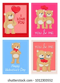 I love you and me teddy bears with heart sign vector illustration of stuffed toy animals, presents for Happy Valentines Day, cartoon posters