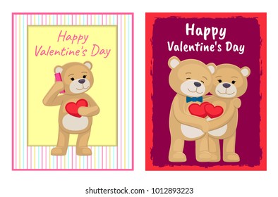 I love you and me teddy bears with heart sign vector illustration of stuffed toy animals, presents for Happy Valentines Day, cartoon posters
