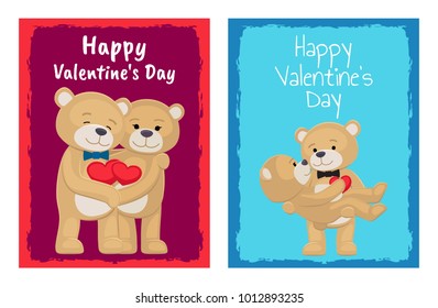 I love you and me teddy bears with heart sign vector illustration of stuffed toy animals, presents for Happy Valentines Day, cartoon posters. Female in paws of lovely male hold his heart