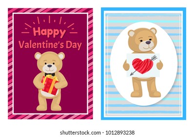 I love you and me teddy bears with heart sign vector illustration of stuffed toy animals, presents for Happy Valentines Day, cartoon posters