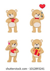 I love you and me teddy bears with heart sign vector illustration of stuffed toy animals, presents for Happy Valentines Day, cartoon posters
