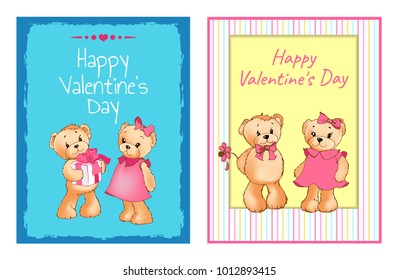 I love you and me teddy bears with heart sign vector illustration of stuffed toy animals, presents for Happy Valentines Day, cartoon posters