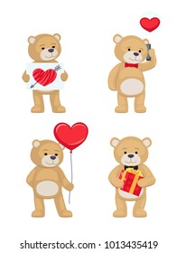 I love you and me teddy bears with heart sign vector illustration of stuffed toy animals, presents for Happy Valentines Day, cartoon posters