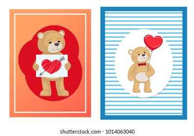 I love you and me teddy bears with heart sign vector illustration of stuffed toy animals, presents for Happy Valentines Day, cartoon posters