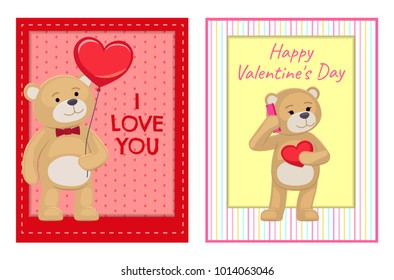 I love you and me teddy bears with heart sign vector illustration of stuffed toy animals, presents for Happy Valentines Day, cartoon posters