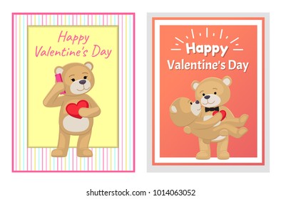 I love you and me teddy bears with heart sign vector illustration of stuffed toy animals, presents for Happy Valentines Day, cartoon posters