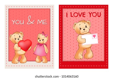 I love you and me teddy bears with heart sign vector illustration of stuffed toy animals, presents for Happy Valentines Day, cartoon posters