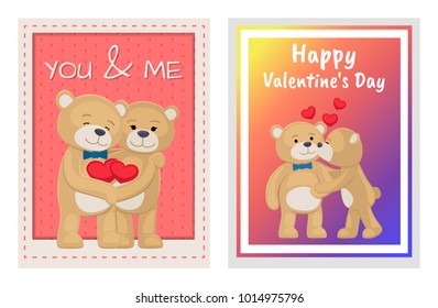 I love you and me teddy bears with heart sign vector illustration of stuffed toy animals, presents for Happy Valentines Day, cartoon posters
