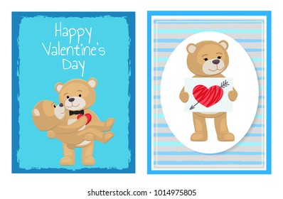 I love you and me teddy bears with heart sign vector illustration of stuffed toy animals, presents for Happy Valentines Day, cartoon posters