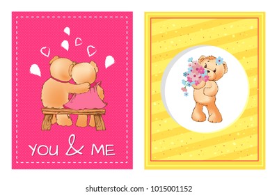 I love you and me teddy bears with heart sign vector illustration of stuffed toy animals, presents for Happy Valentines Day, cartoon posters