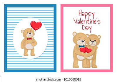 I love you and me teddy bears with heart sign vector illustration of stuffed toy animals, presents for Happy Valentines Day, cartoon posters