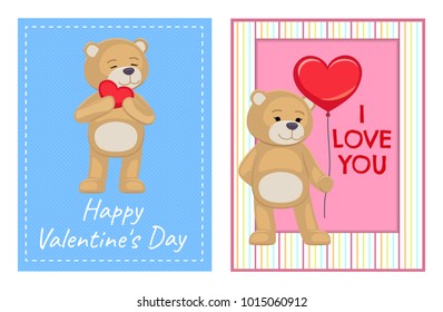 I love you and me teddy bears with heart sign vector illustration of stuffed toy animals, presents for Happy Valentines Day, cartoon posters