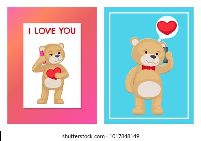 I love you and me teddy bears with heart sign vector illustration of stuffed toy animals, presents for Happy Valentines Day, cartoon posters with text I love you