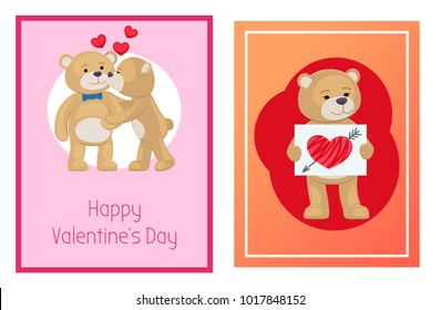 I love you and me teddy bears with heart sign vector illustration of stuffed toy animals, presents for Happy Valentines Day, cartoon posters