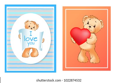 I love you and me teddy bears with heart sign vector illustration of stuffed toy animals, presents for Happy Valentines Day, cartoon posters
