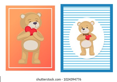 I love you and me teddy bears with heart sign vector illustration of stuffed toy animals, presents for Happy Valentines Day, cartoon posters