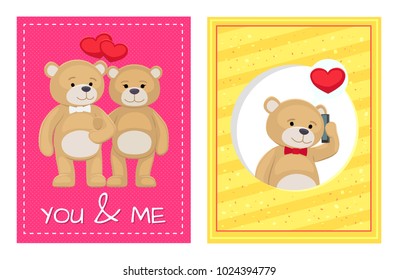 I love you and me teddy bears with heart sign vector illustration of stuffed toy animals, presents for Happy Valentines Day, cartoon posters