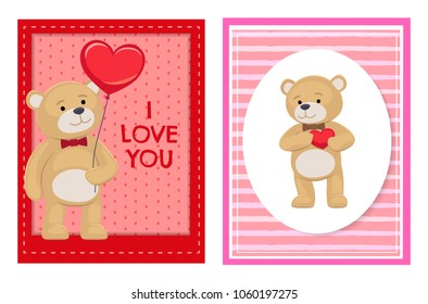 I love you and me teddy bears with heart sign vector illustration of stuffed toy animals, presents for Happy Valentines Day, cartoon posters