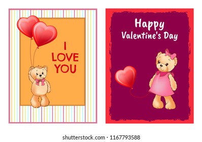 I love you and me teddy bears with heart sign vector illustration of stuffed toy animals, presents for Happy Valentines Day, cartoon posters