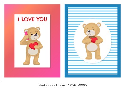 I love you and me teddy bears with heart sign vector illustration of stuffed toy animals, presents for Happy Valentines Day, cartoon posters set.