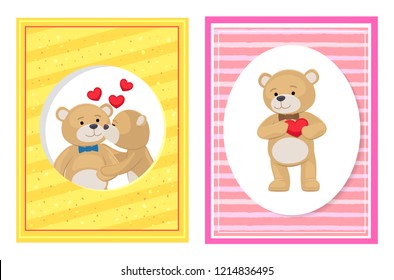 I love you and me teddy bears with heart sign vector illustration of stuffed toy animals, presents for Happy Valentines Day, cartoon posters set.