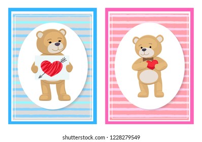 I love you and me teddy bears with heart sign vector illustration of stuffed toy animals, presents for Happy Valentines Day, cartoon posters set.