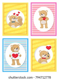 I love you and me teddy bears with heart sign vector illustration of stuffed toy animals, presents for Happy Valentines Day, cartoon posters