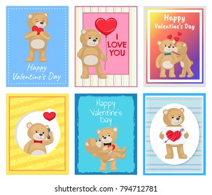 I love you and me teddy bears with heart sign vector illustration of stuffed toy animals, presents for Happy Valentines Day, cartoon posters