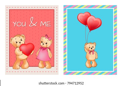 I love you and me teddy bears with heart sign vector illustration of stuffed toy animals, presents for Happy Valentines Day, cartoon posters