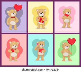 I love you and me teddy bears with heart sign vector illustration of stuffed toy animals, presents for Happy Valentines Day, cartoon posters