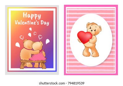 I love you and me teddy bears with heart sign vector illustration of stuffed toy animals, presents for Happy Valentines Day, cartoon posters