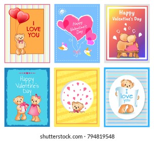 I love you and me teddy bears with heart sign vector illustration of stuffed toy animals, presents for Happy Valentines Day, cartoon posters