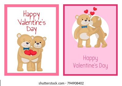 I love you and me teddy bears with heart sign vector illustration of stuffed toy animals, presents for Happy Valentines Day, cartoon posters