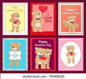 I love you and me teddy bears with heart sign vector illustration of stuffed toy animals, presents for Happy Valentines Day, cartoon posters