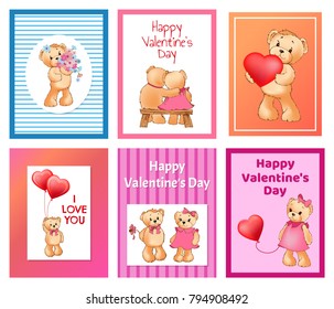 I love you and me teddy bears with heart sign vector illustration of stuffed toy animals, presents for Happy Valentines Day, cartoon posters