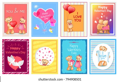 I love you and me teddy bears with heart sign vector illustration of stuffed toy animals, presents for Happy Valentines Day, cartoon posters