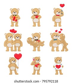 I love you and me teddy bears with heart sign vector illustration of stuffed toy animals, presents for Happy Valentines Day, cartoon posters
