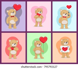 I love you and me teddy bears with heart sign vector illustration of stuffed toy animals, presents for Happy Valentines Day, cartoon posters