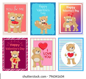 I love you and me teddy bears with heart sign vector illustration of stuffed toy animals, presents for Happy Valentines Day, cartoon posters