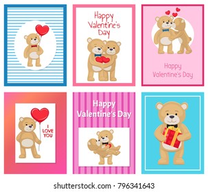 I love you and me teddy bears with heart sign vector illustration of stuffed toy animals, presents for Happy Valentines Day, cartoon posters