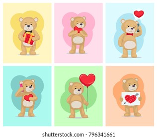 I love you and me teddy bears with heart sign vector illustration of stuffed toy animals, presents for Happy Valentines Day, cartoon posters