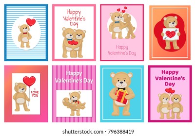 I love you and me teddy bears with heart sign vector illustration of stuffed toy animals, presents for Happy Valentines Day, cartoon posters